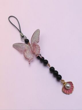 Pink Butterfly Phone Charm with Black Bead & Shell Dangle – Handmade